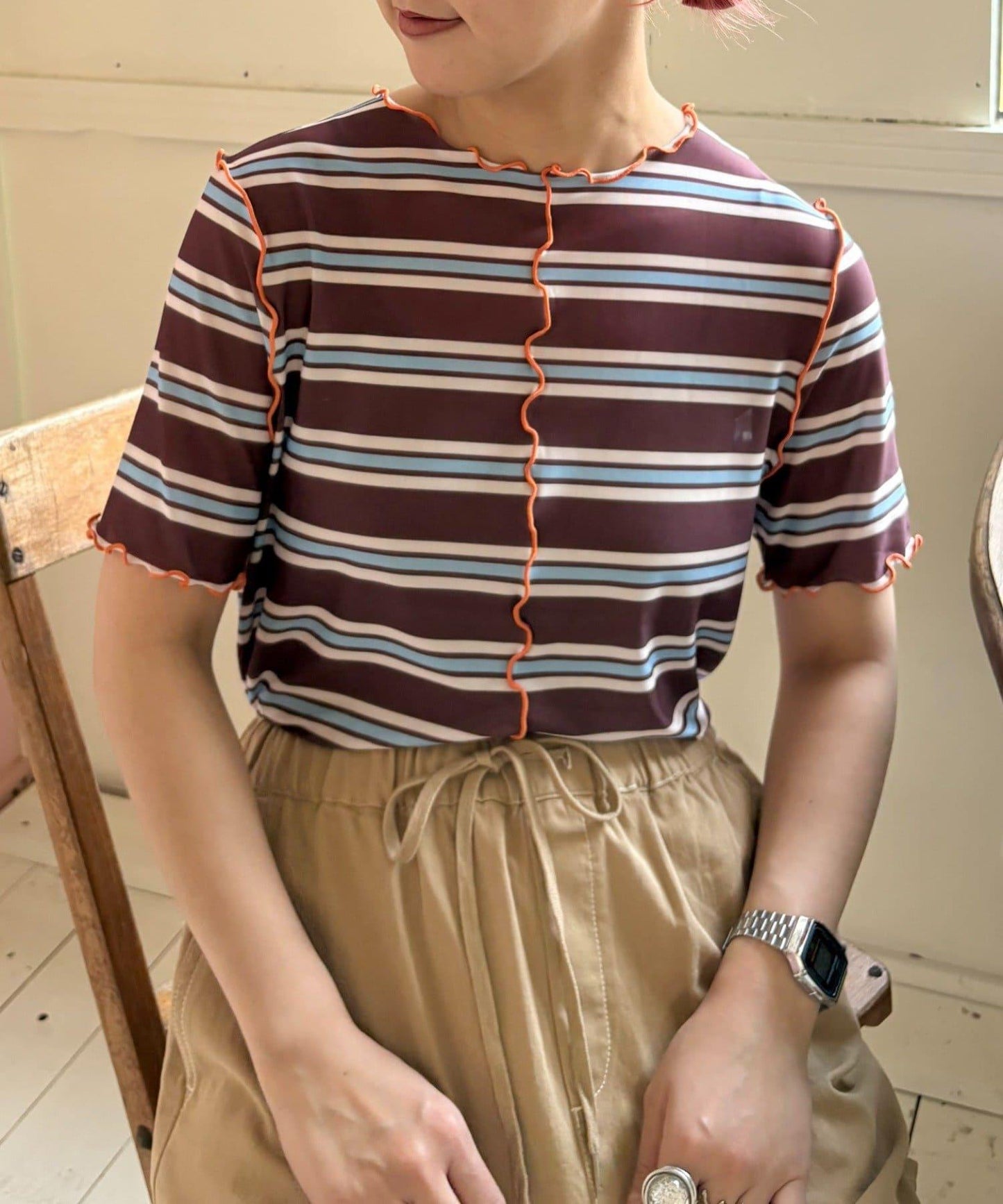 【HELLO.SANFRANCISCO】多色條紋露肩上衣