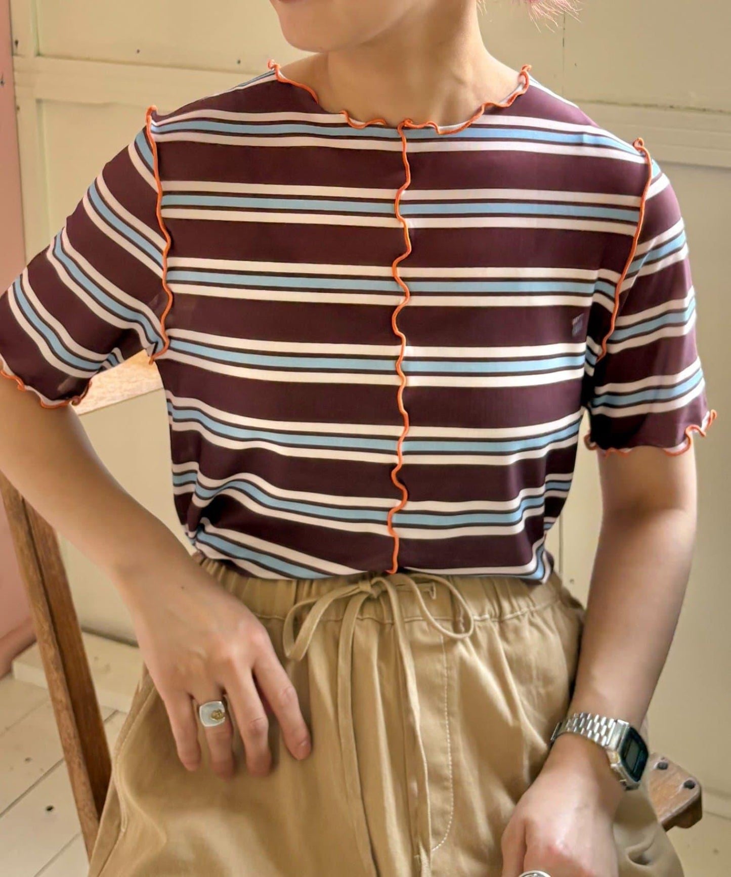 【HELLO.SANFRANCISCO】多色條紋露肩上衣