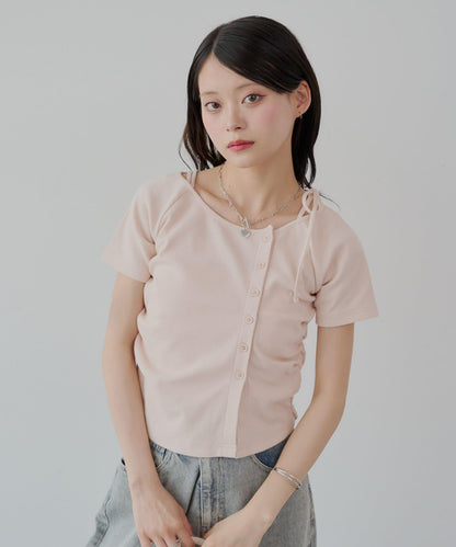 不對稱肩膀蝴蝶結小花圖案提花露肩T-shirt