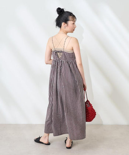 後腰絲帶 夏季格子 揹帶連衣裙