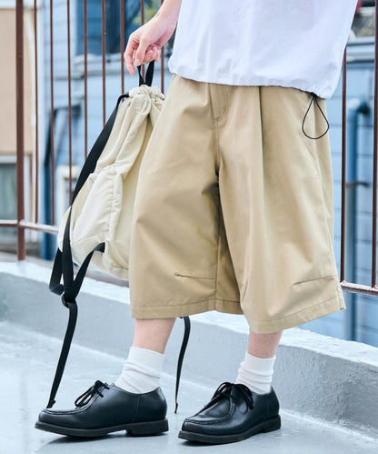 寬鬆款帆布褶皺寬腿短褲