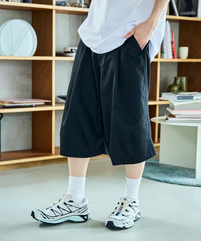 寬鬆款帆布褶皺寬腿短褲