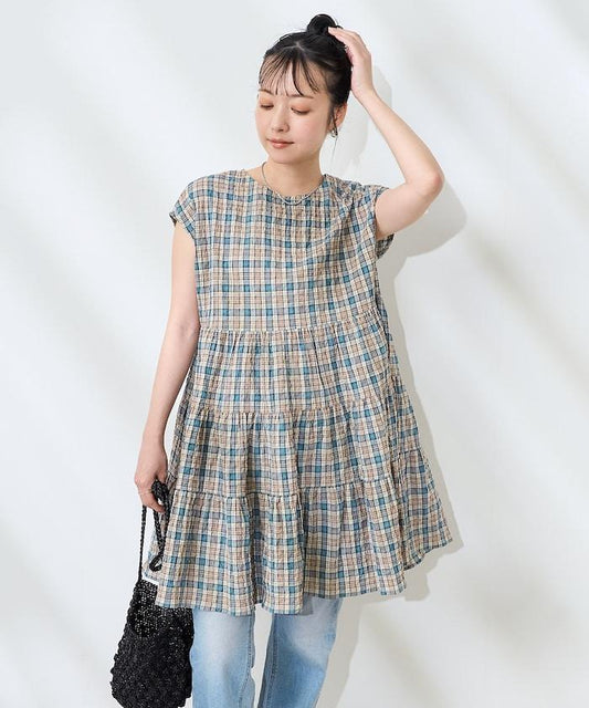 層疊格紋迷你連衣裙