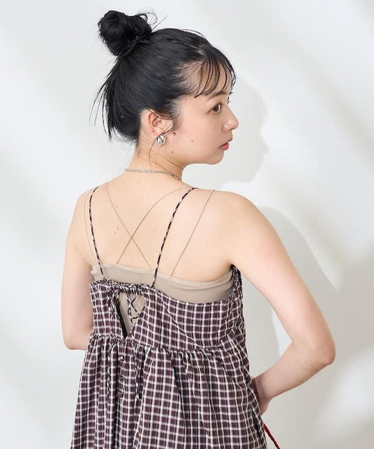 後腰絲帶 夏季格子 揹帶連衣裙
