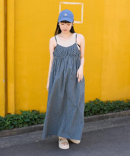 後腰絲帶 夏季格子 揹帶連衣裙