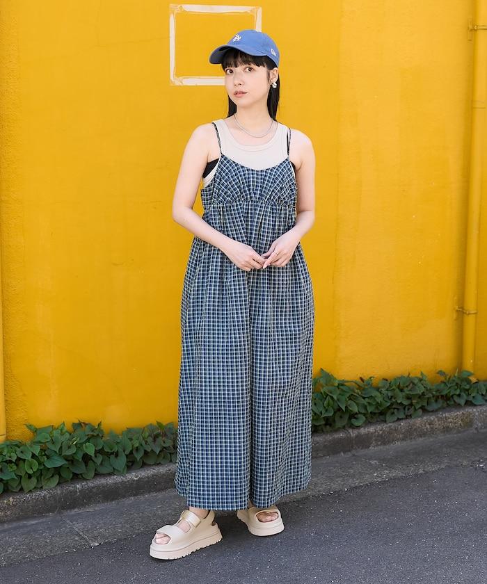 後腰絲帶 夏季格子 揹帶連衣裙
