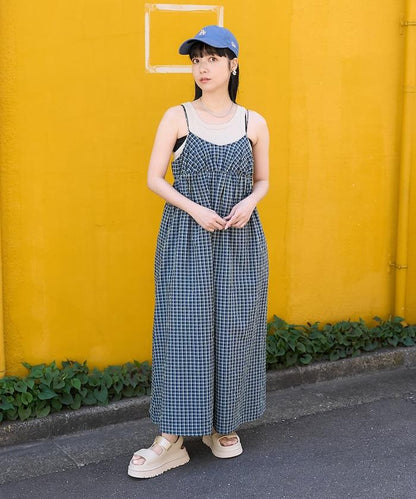後腰絲帶 夏季格子 揹帶連衣裙