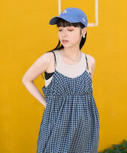 後腰絲帶 夏季格子 揹帶連衣裙