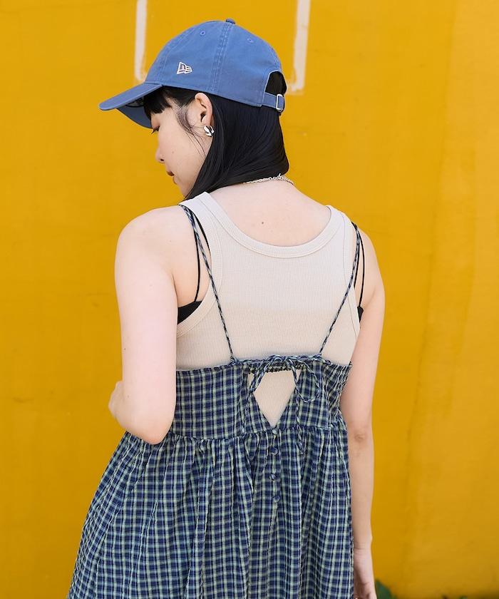 後腰絲帶 夏季格子 揹帶連衣裙