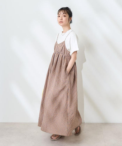 後腰絲帶 夏季格子 揹帶連衣裙