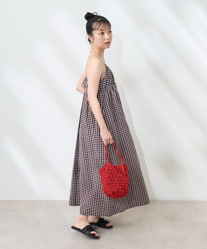 後腰絲帶 夏季格子 揹帶連衣裙