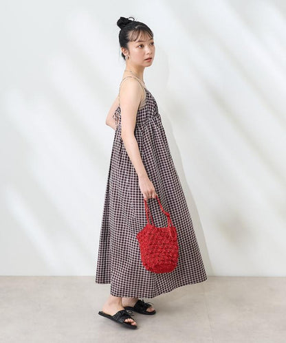 後腰絲帶 夏季格子 揹帶連衣裙