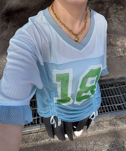 網眼數字印花荷葉邊T恤