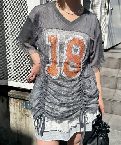 網眼數字印花荷葉邊T恤