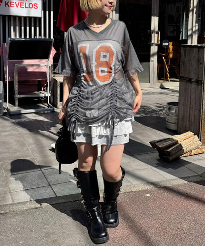 網眼數字印花荷葉邊T恤