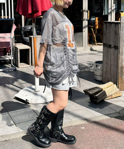 網眼數字印花荷葉邊T恤