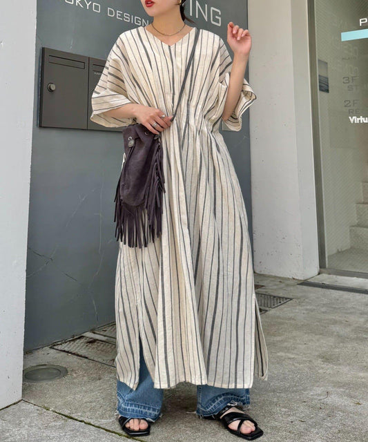 【印度】棉麻高腰折褶露肩連衣裙