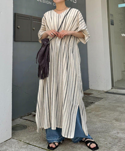 【印度】棉麻高腰折褶露肩連衣裙
