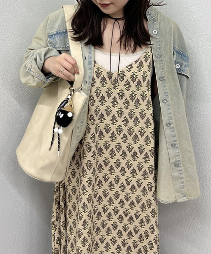 全印花人造絲吊帶連衣裙