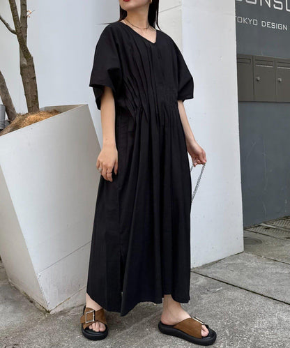 【印度】棉麻高腰折褶露肩連衣裙