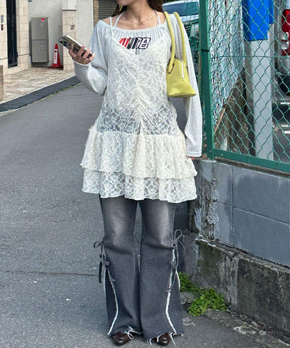 絨帶蕾絲吊帶連衣裙