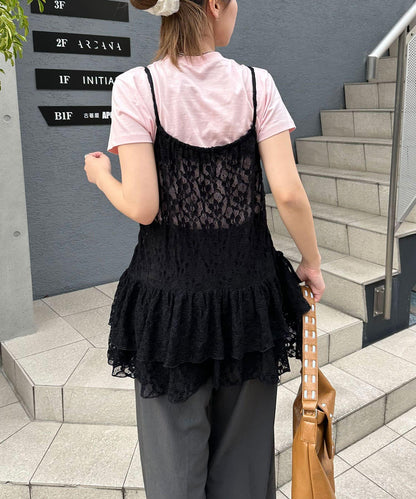 絨帶蕾絲吊帶連衣裙
