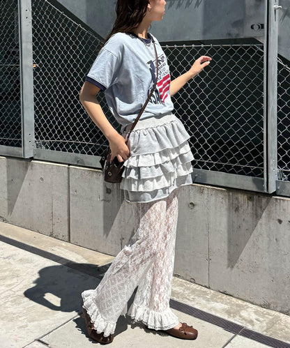 蕾絲荷葉邊疊層喇叭褲