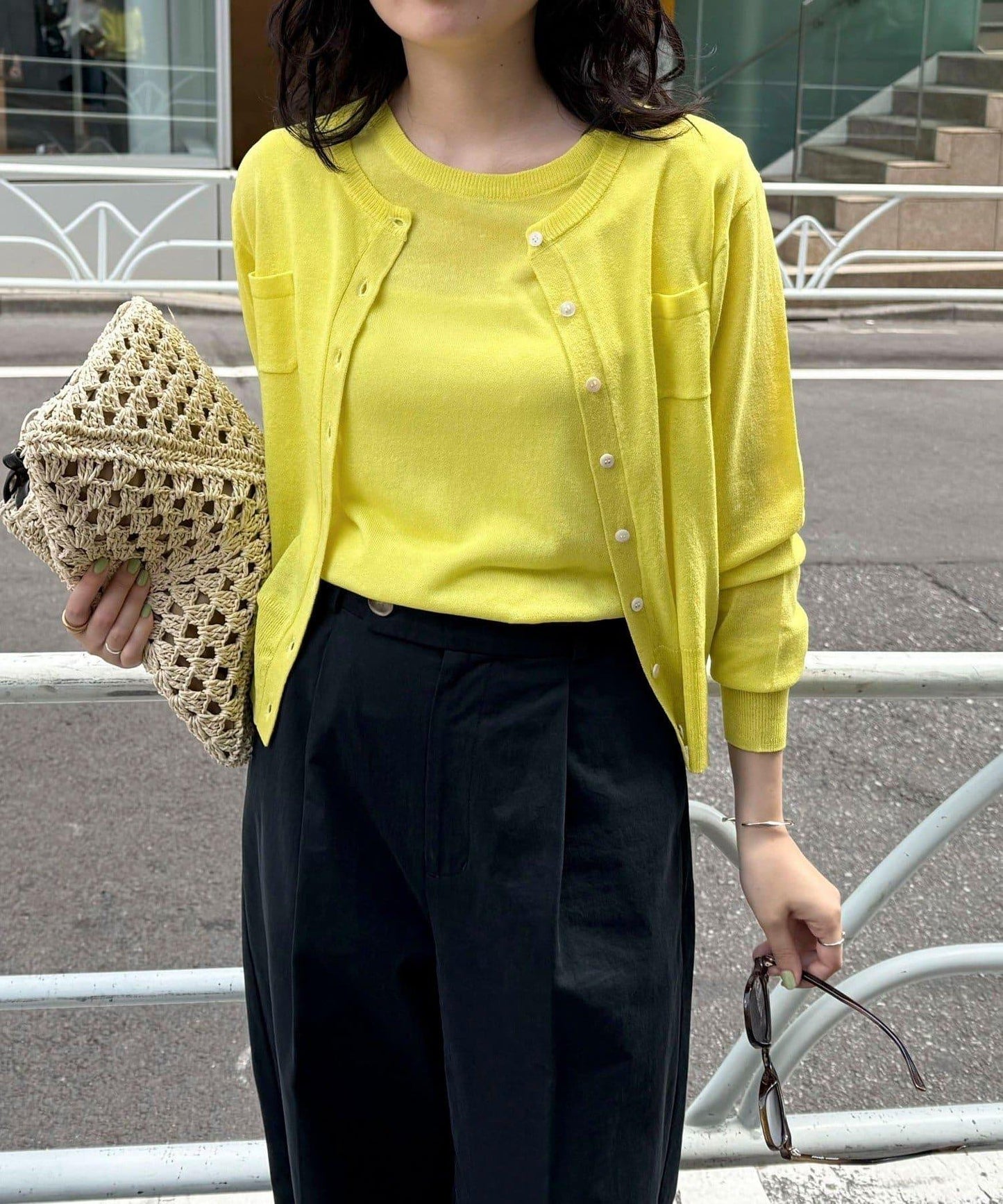 亞麻混紡帶口袋的開衫