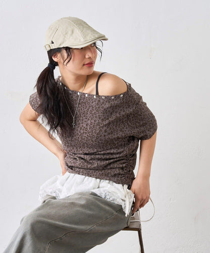 混搭 鉚釘露肩短袖上衣