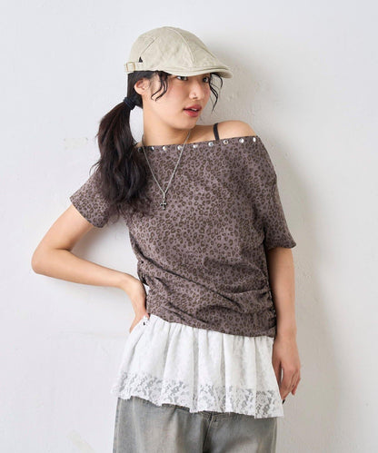 混搭 鉚釘露肩短袖上衣
