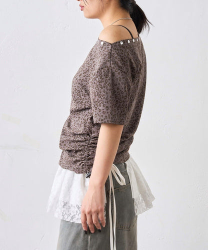 混搭 鉚釘露肩短袖上衣