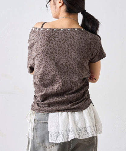 混搭 鉚釘露肩短袖上衣