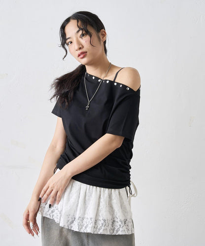 獨一無二單肩裝飾釘珠短袖T恤