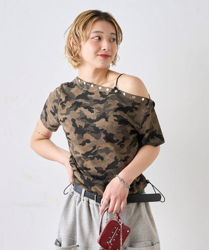 混搭 鉚釘露肩短袖上衣