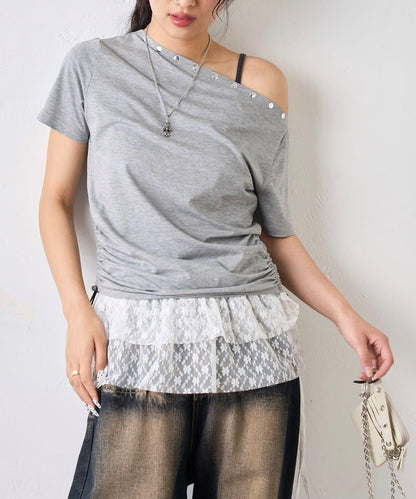 獨一無二單肩裝飾釘珠短袖T恤