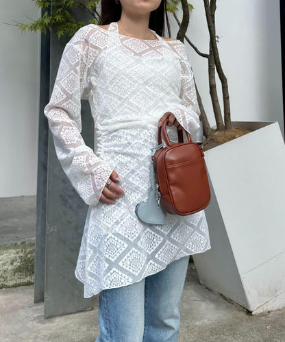 【柳樹】層疊蕾絲露背高領連衣裙