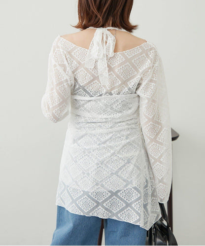 【柳樹】層疊蕾絲露背高領連衣裙