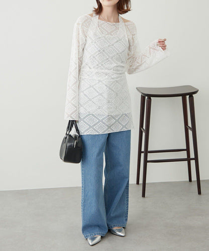 【柳樹】層疊蕾絲露背高領連衣裙