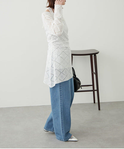 【柳樹】層疊蕾絲露背高領連衣裙