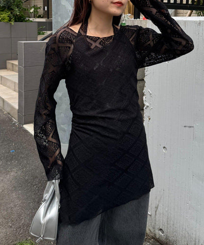 【柳樹】層疊蕾絲露背高領連衣裙