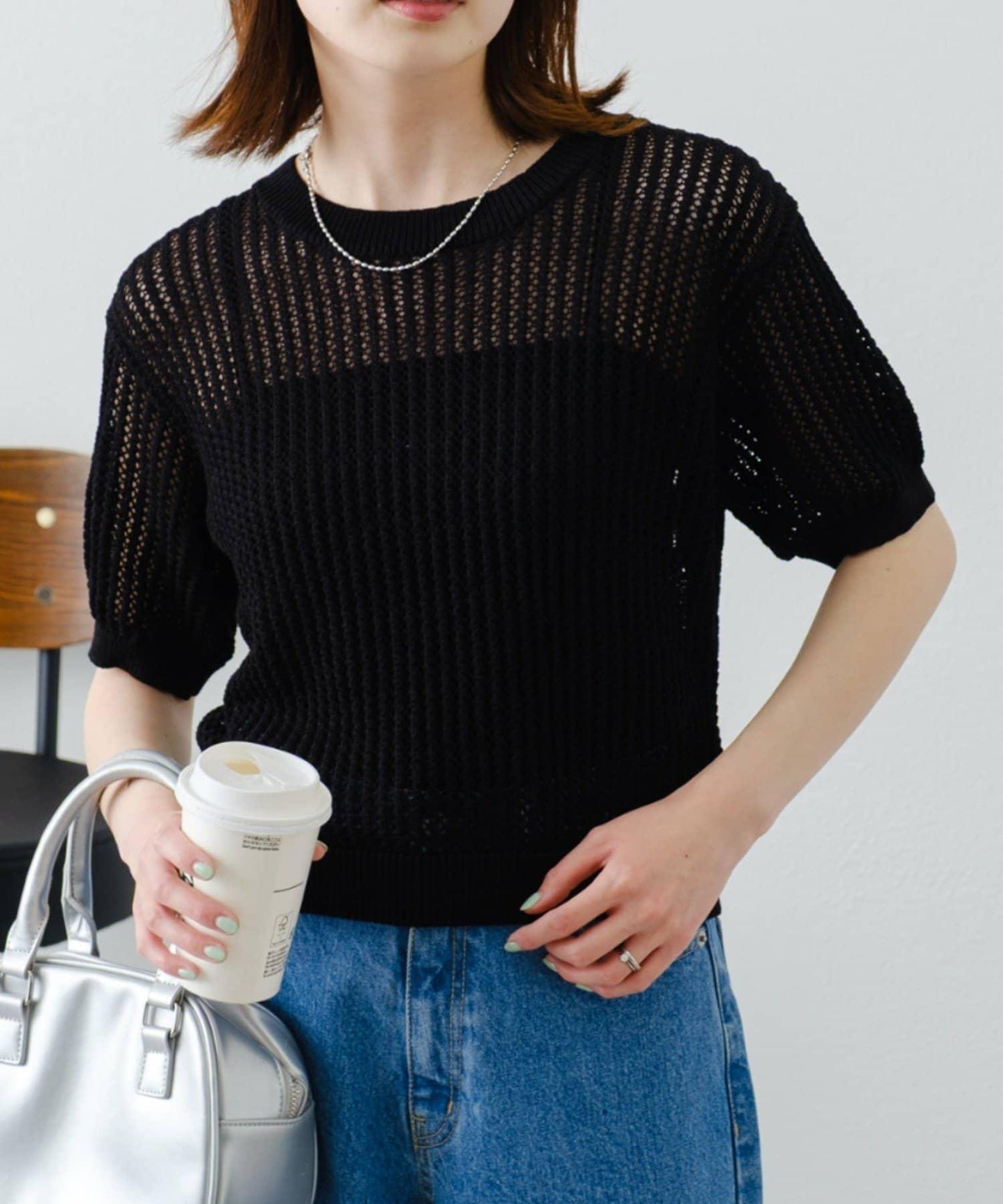 【柳樹】透孔編織緊身短袖針織衫