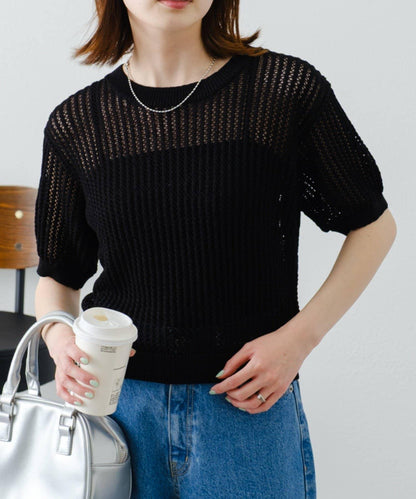 【柳樹】透孔編織緊身短袖針織衫