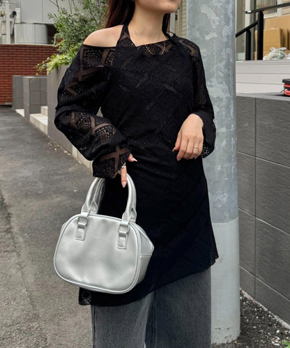 【柳樹】層疊蕾絲露背高領連衣裙