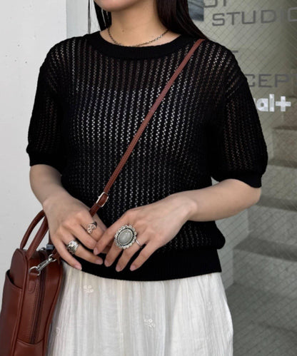 【柳樹】透孔編織緊身短袖針織衫