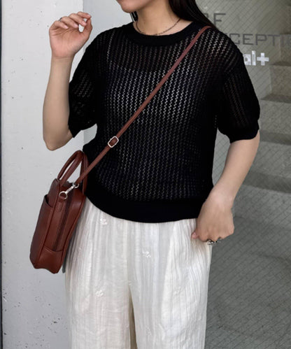 【柳樹】透孔編織緊身短袖針織衫