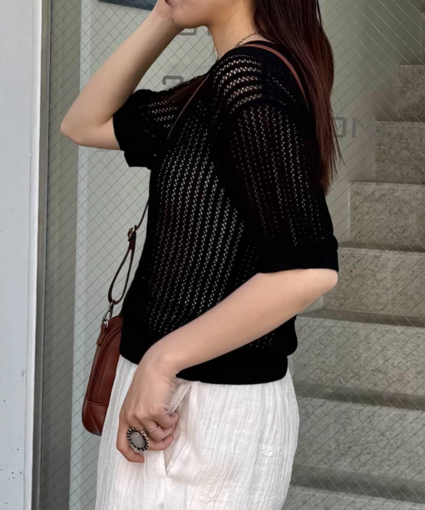 【柳樹】透孔編織緊身短袖針織衫