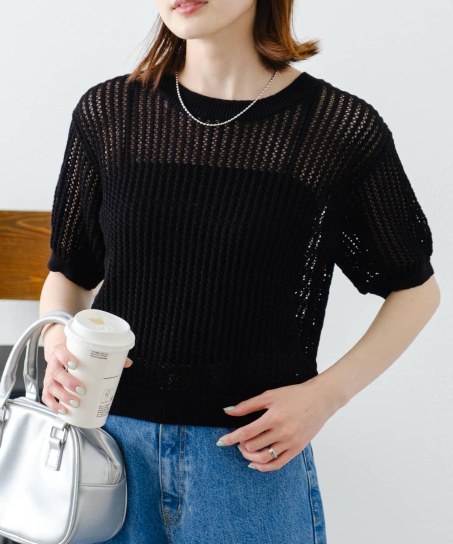 【柳樹】透孔編織緊身短袖針織衫