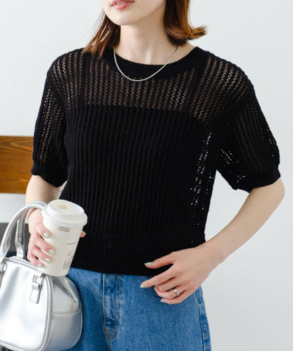 【柳樹】透孔編織緊身短袖針織衫
