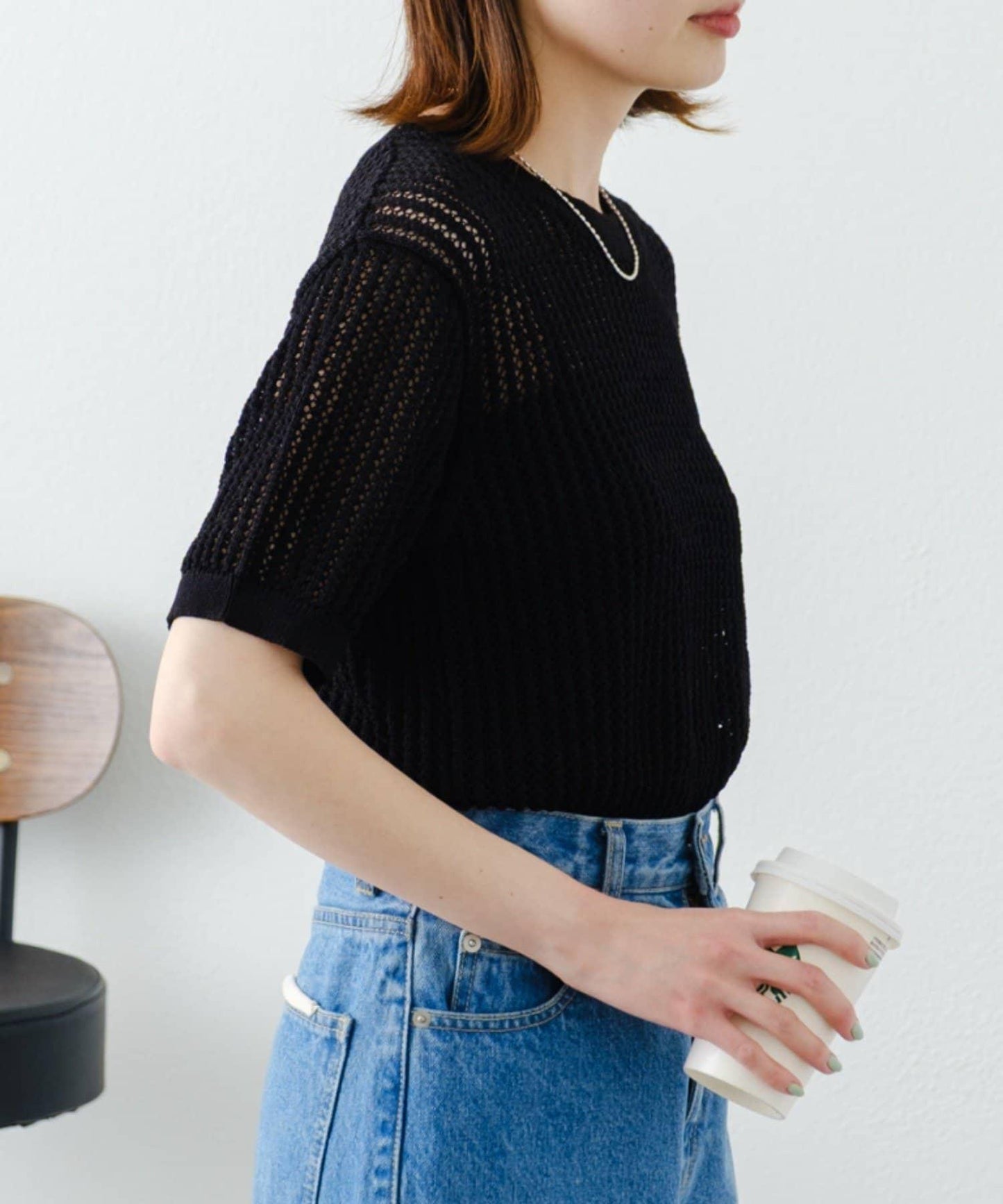 【柳樹】透孔編織緊身短袖針織衫