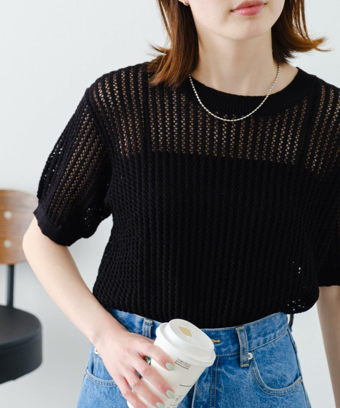 【柳樹】透孔編織緊身短袖針織衫